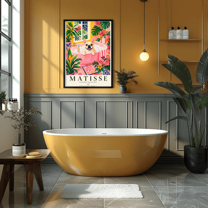 A vertical maximalist art print styled as a Henri Matisse exhibition poster. A tan and white French Bulldog with a wide, happy smile sits in a pink bathtub filled with white bubbles. The bathroom is vibrant with pink tiled floors, yellow walls, and a large window looking out onto a garden. The scene is filled with tropical plants like Monstera and Birds of Paradise. Bold black text at the bottom reads "MATISSE PAPIERS DÉCOUPÉS" with a Paris gallery address.