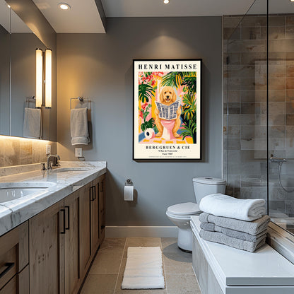 A vertical fine art exhibition poster in the style of Henri Matisse featuring a wide cream border. Bold black text reads "HENRI MATISSE" at the top and "BERGGRUEN & CIE" at the bottom. The central painting humorously shows a fluffy golden doodle dog sitting on a pink toilet while reading a newspaper, surrounded by vibrant green palm leaves, tropical flowers, and a toilet paper roll on the floor.