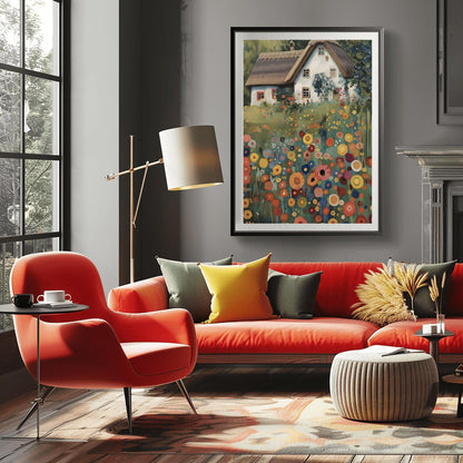 A vertical oil painting in the style of Gustav Klimt. A white-washed cottage with a brown thatched roof sits behind a dense field of colorful, circular wildflowers in shades of orange, red, blue, and yellow. The style features heavy, decorative textures and subtle golden highlights throughout the garden and roof.