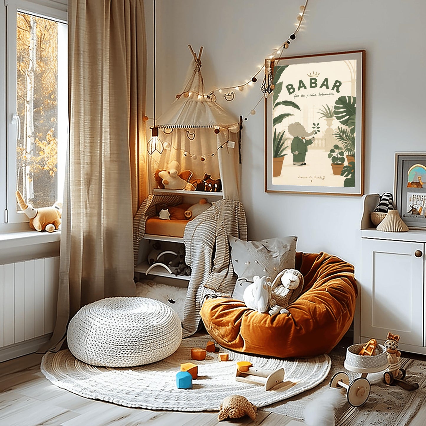A vertical storybook-style art print of Babar the Elephant in a botanical garden. Babar, in a green suit and orange bow tie, holds a small branch while standing among various large potted tropical plants like monstera. The background shows a light cream conservatory with a glass roof and stone railings. The top reads "BABAR fait du jardin botanique" with a gold crown.