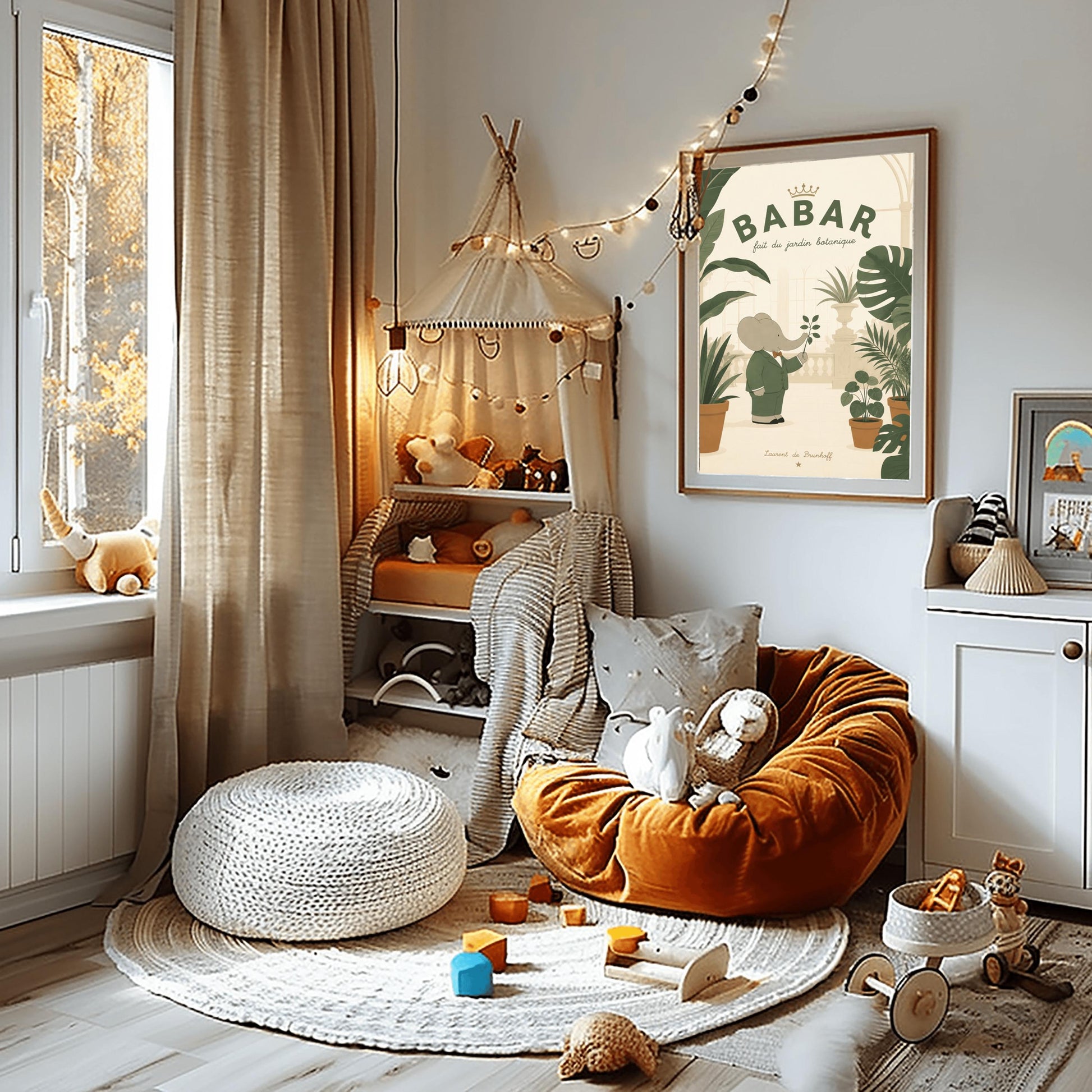 A vertical storybook-style art print of Babar the Elephant in a botanical garden. Babar, in a green suit and orange bow tie, holds a small branch while standing among various large potted tropical plants like monstera. The background shows a light cream conservatory with a glass roof and stone railings. The top reads "BABAR fait du jardin botanique" with a gold crown.