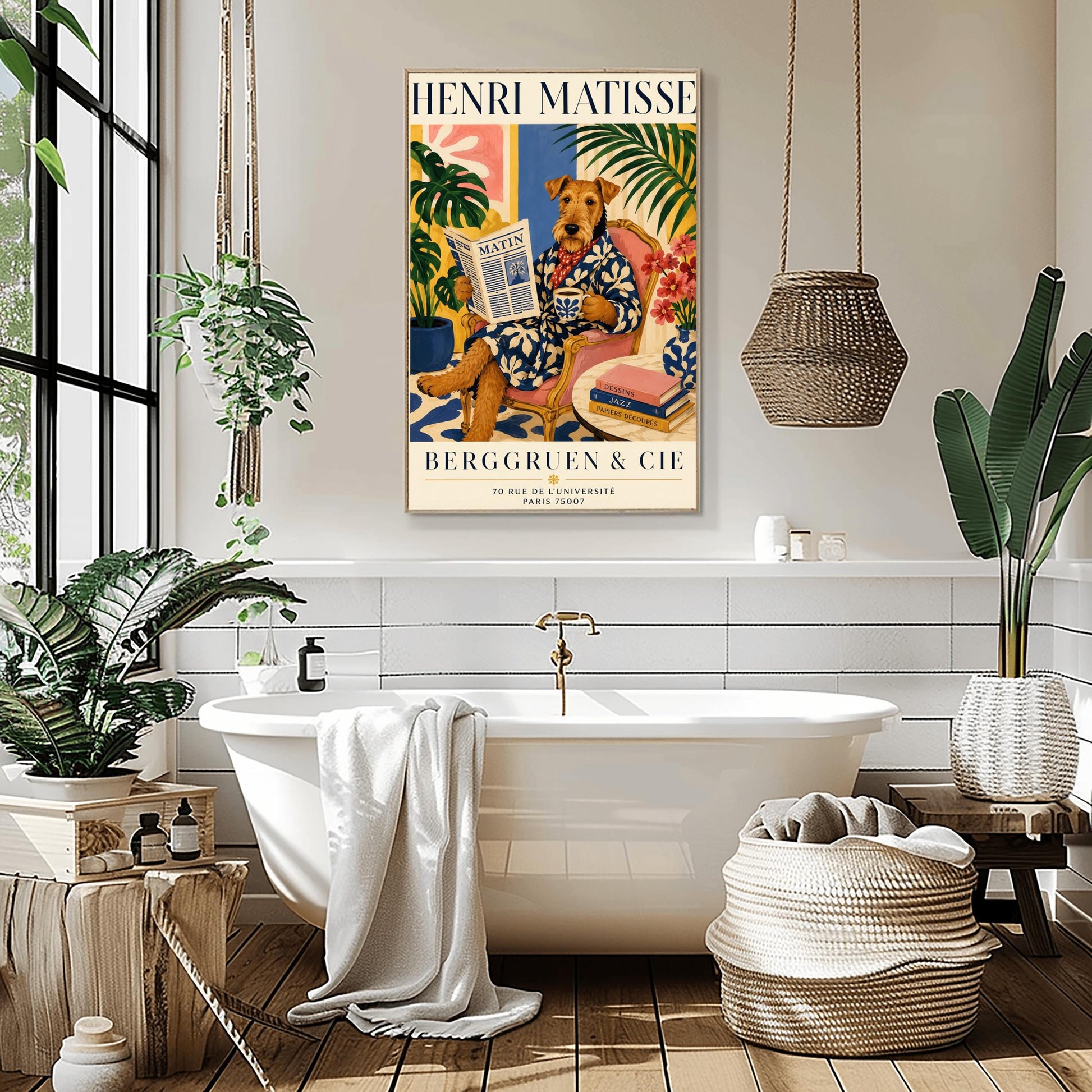 A vertical maximalist art print styled as a Henri Matisse exhibition poster. A vibrant pink flamingo with its long neck curved sits elegantly in a pink clawfoot bathtub. The bathroom features pink tiled floors and walls, with open blue shutters in the background looking out to the sea. The room is filled with tropical greenery and bright pink and orange flowers. A small pink table in the foreground holds soap and cosmetic bottles.