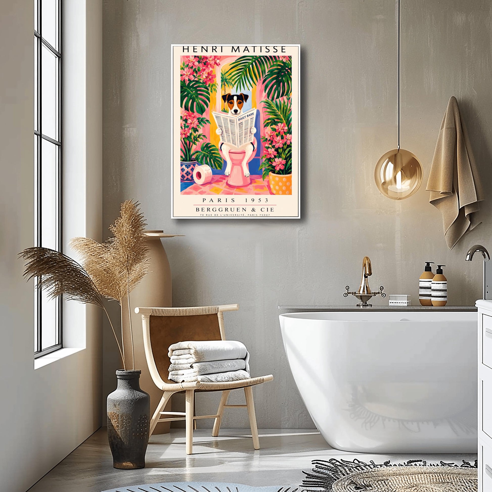 A vertical vintage-style art exhibition poster titled "HENRI MATISSE" at the top and "PARIS 1953 BERGGRUEN & CIE" at the bottom. The center illustration shows a tri-color Jack Russell Terrier dog sitting on a pink toilet inside a bright pink and yellow bathroom, reading a newspaper titled "DAILY BARK". The background features an open arch window with a tropical palm tree, large green leaves, bright pink flowers, and a roll of toilet paper on the floor.