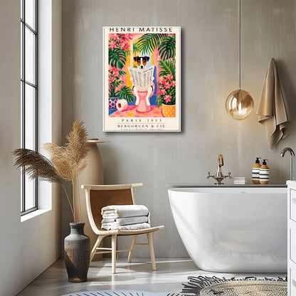 A vertical vintage-style art exhibition poster titled "HENRI MATISSE" at the top and "PARIS 1953 BERGGRUEN & CIE" at the bottom. The center illustration shows a tri-color Jack Russell Terrier dog sitting on a pink toilet inside a bright pink and yellow bathroom, reading a newspaper titled "DAILY BARK". The background features an open arch window with a tropical palm tree, large green leaves, bright pink flowers, and a roll of toilet paper on the floor.