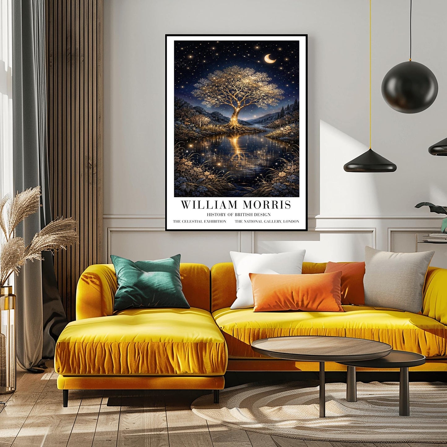 A vertical exhibition poster for "William Morris: History of British Design" at The National Gallery, London. The artwork features a large, glowing golden tree with intricate branches on a small island in the center of a river. The gold of the tree reflects vividly in the dark water below. A crescent moon and shooting star appear in a dark navy sky filled with many small stars. The scene is framed by golden wildflowers and dark hills. Bold black text at the bottom provides the exhibition details