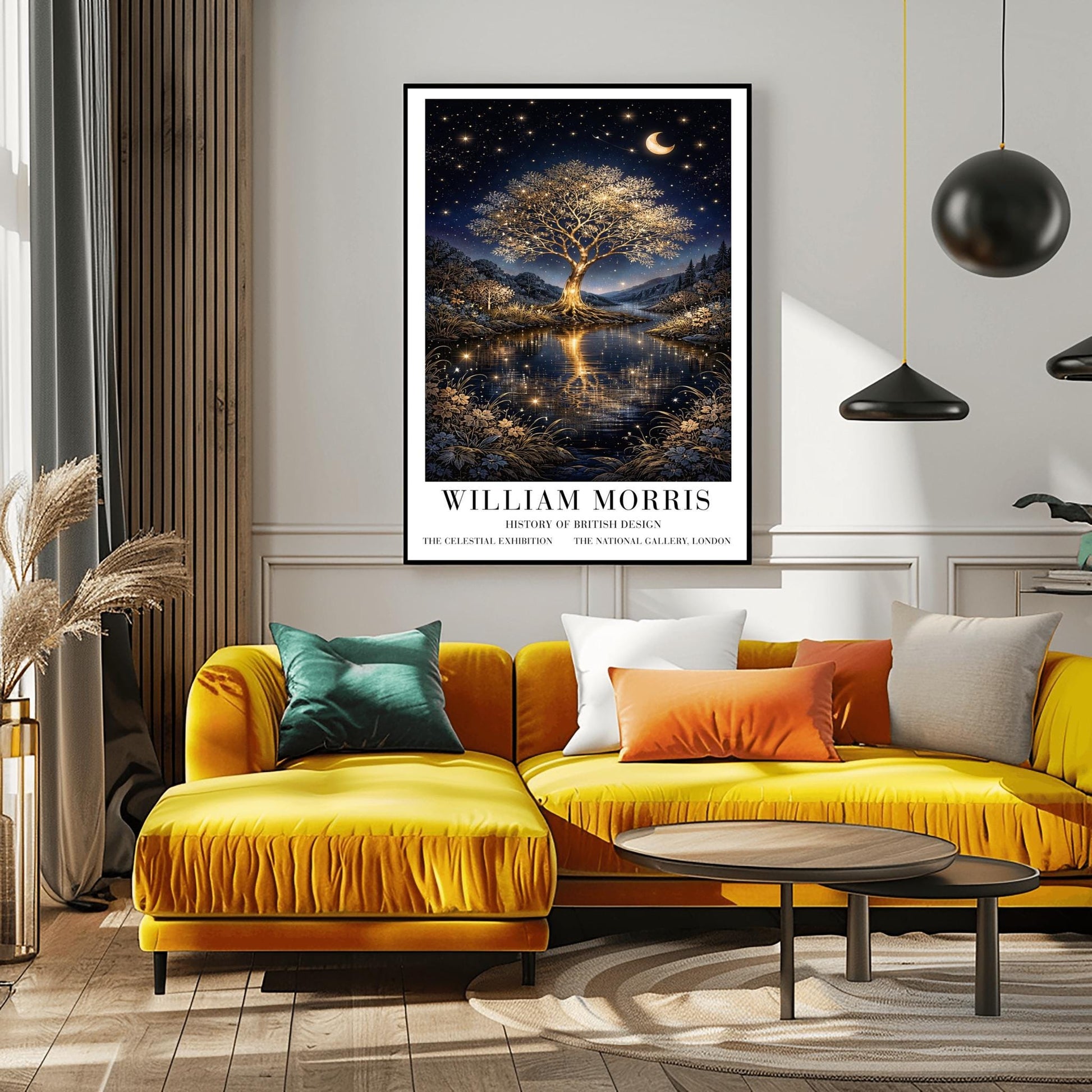 A vertical exhibition poster for "William Morris: History of British Design" at The National Gallery, London. The artwork features a large, glowing golden tree with intricate branches on a small island in the center of a river. The gold of the tree reflects vividly in the dark water below. A crescent moon and shooting star appear in a dark navy sky filled with many small stars. The scene is framed by golden wildflowers and dark hills. Bold black text at the bottom provides the exhibition details