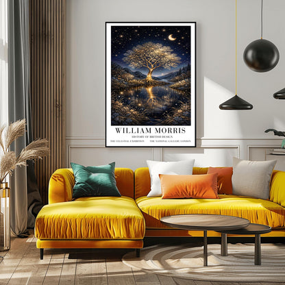 A vertical exhibition poster for "William Morris: History of British Design" at The National Gallery, London. The artwork features a large, glowing golden tree with intricate branches on a small island in the center of a river. The gold of the tree reflects vividly in the dark water below. A crescent moon and shooting star appear in a dark navy sky filled with many small stars. The scene is framed by golden wildflowers and dark hills. Bold black text at the bottom provides the exhibition details