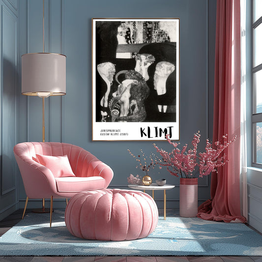 A vertical museum exhibition poster featuring a black and white version of Gustav Klimt's 1907 painting "Jurisprudence." A central male figure is surrounded by an ornate, tentacled creature and ethereal female figures. The bottom border is white with bold black text reading "JURISPRUDENCE" and "KLIMT."