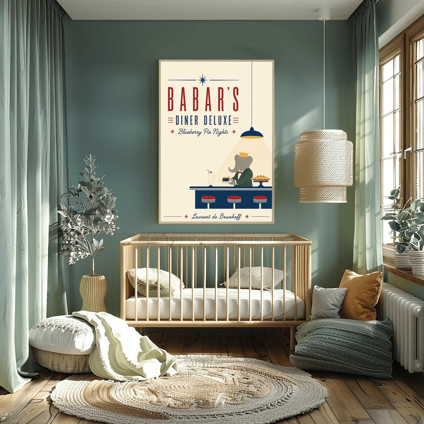 A minimalist graphic vintage-style poster on a solid cream background titled "BABAR'S DINER DELUXE - Blueberry Pie Nights" in bold red and blue typography. At the bottom right, the cartoon elephant King Babar wears a green suit and gold crown behind a dark blue counter. A single blue hanging lamp projects a sharp triangle of yellow light over him as he holds a plate with a slice of blueberry pie. On the counter sit three red-topped stools, a vintage milkshake, and a whole pie on a stand.
