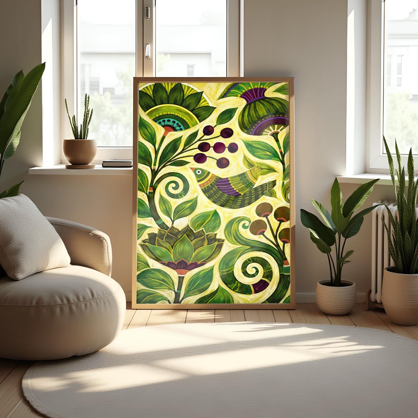 A vertical botanical art print in a modern folk style. A stylized bird with green and purple stripes is perched among thick, swirling green vines and large, pointed leaves. Clusters of dark purple berries and round brown seed pods are scattered throughout the composition. The background is a soft yellow-green, and the entire image is filled with intricate, hand-painted textures and circular patterns.