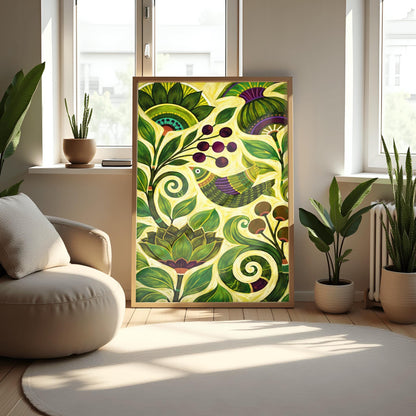A vertical botanical art print in a modern folk style. A stylized bird with green and purple stripes is perched among thick, swirling green vines and large, pointed leaves. Clusters of dark purple berries and round brown seed pods are scattered throughout the composition. The background is a soft yellow-green, and the entire image is filled with intricate, hand-painted textures and circular patterns.