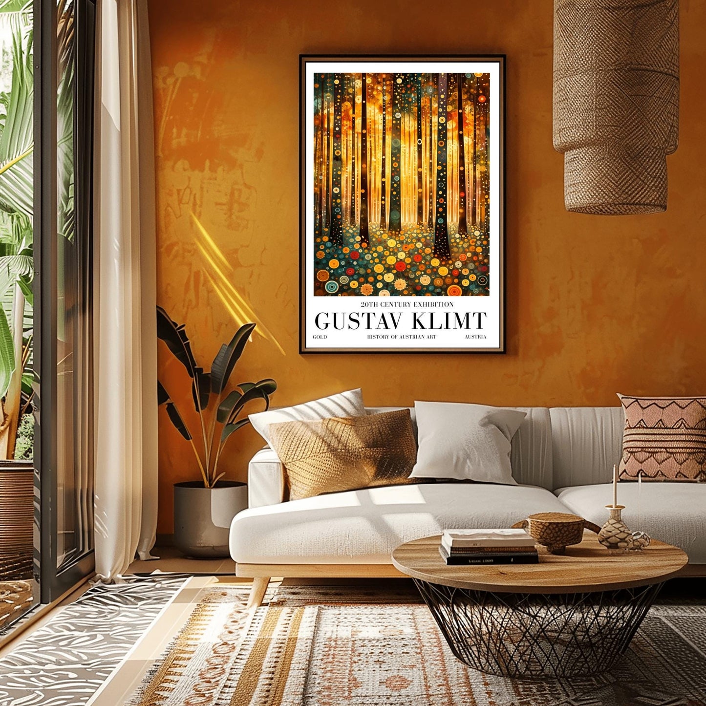 A vertical fine art print in the style of Gustav Klimt. Dark, slender tree trunks are decorated with various golden and colorful concentric circles. The forest floor is covered in similar circular floral patterns. A bright, warm golden light glows from the background, creating a high-contrast, ornate night forest scene.
