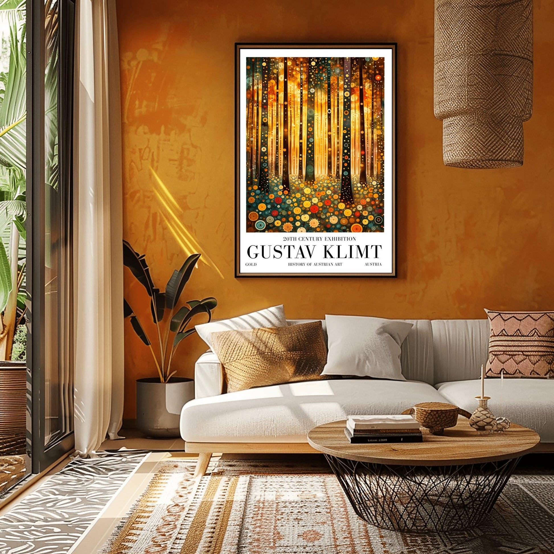 A vertical fine art print in the style of Gustav Klimt. Dark, slender tree trunks are decorated with various golden and colorful concentric circles. The forest floor is covered in similar circular floral patterns. A bright, warm golden light glows from the background, creating a high-contrast, ornate night forest scene.