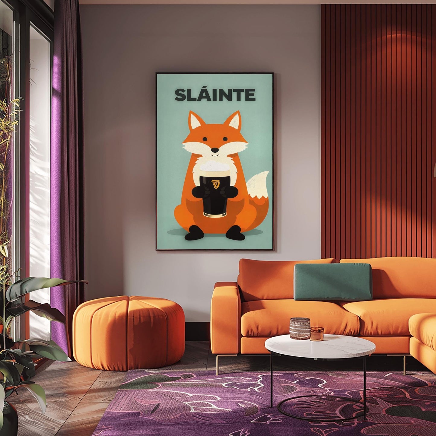 A vertical modern illustration of a cute orange fox sitting and holding a pint of Guinness with both paws. The word "SLÁINTE" is written in bold gray letters at the top. The background is a soft, textured mint green.