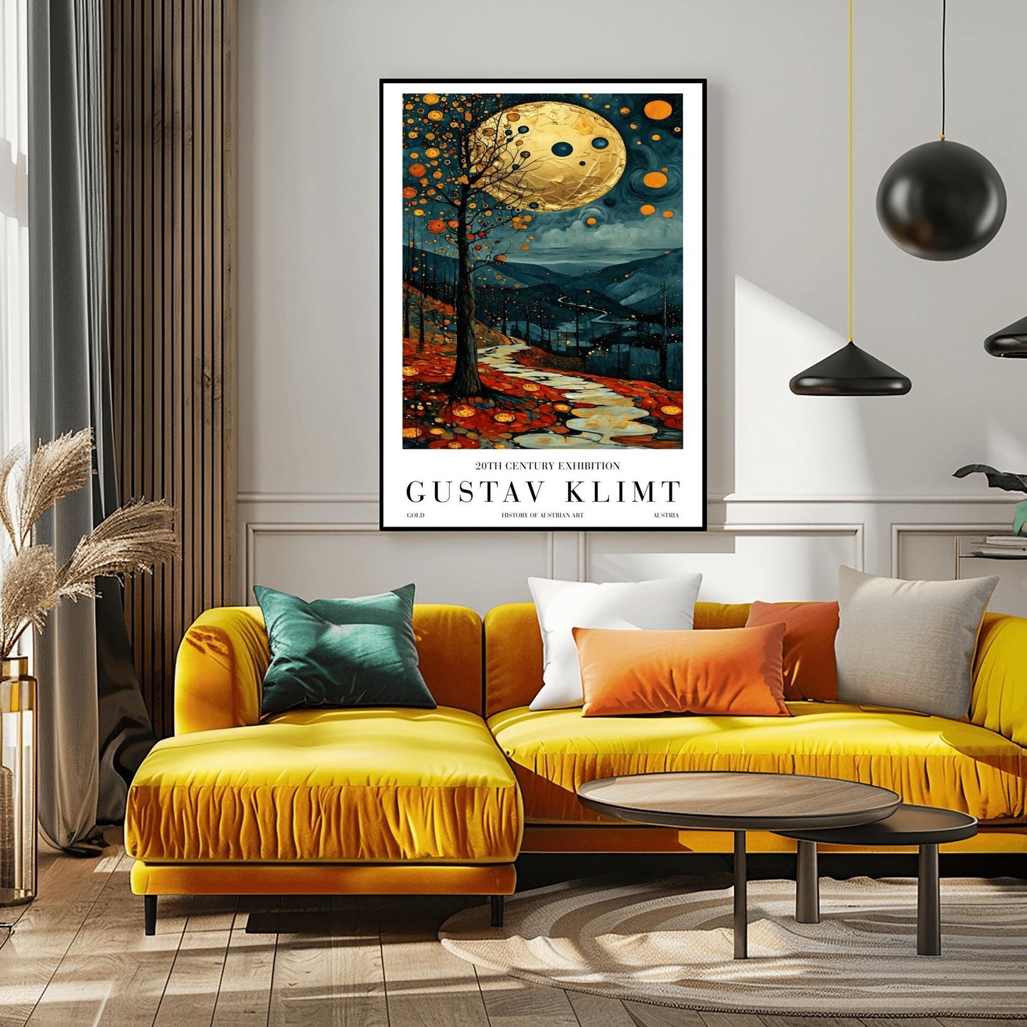 A vertical fine art painting in the style of Gustav Klimt. A massive, textured golden moon hangs in a dark, starlit sky above rolling teal mountains. A white, winding stone path leads through a foreground of orange and red autumn leaves. On the left, a slender tree is decorated with golden mosaic orbs. The overall style is rich in texture and golden ornamentation.