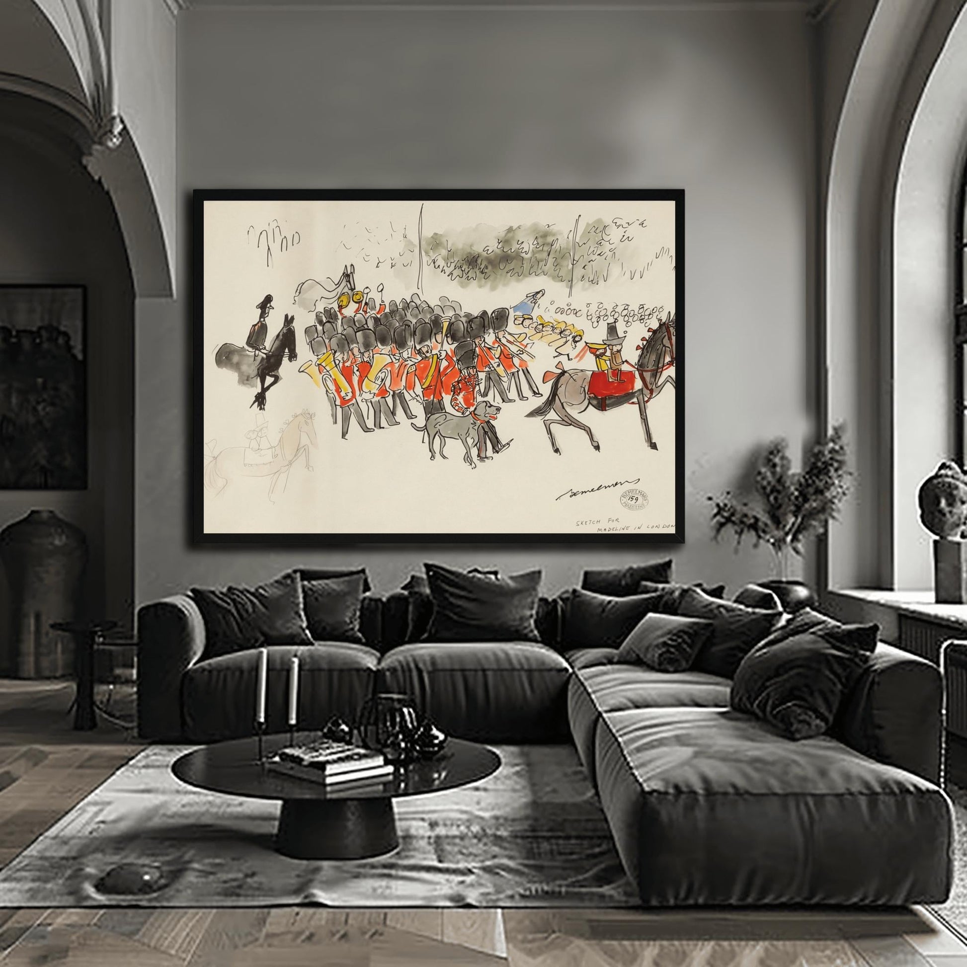 A vertical ink and watercolor sketch on cream paper by Ludwig Bemelmans titled "Sketch for Madeline in London." It depicts a band of British Royal Guards in red tunics and tall black bearskin hats playing brass instruments. To the right, Madeline and Pepito sit on a large grey horse. In the background, twelve schoolgirls in yellow hats watch the parade. A grey dog walks in the foreground. The artist's signature and a collection stamp are at the bottom right.