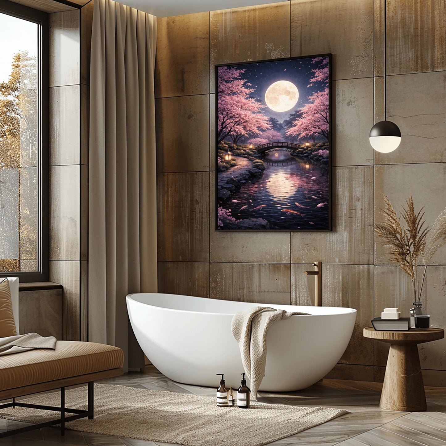 A vertical illustration of a Japanese garden at night in a Klimt-inspired mosaic style. A large full moon shines over a curved bridge and a koi pond. Glowing pink cherry blossom trees frame the scene. Stone lanterns light a stone path in the foreground.