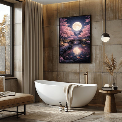 A vertical illustration of a Japanese garden at night in a Klimt-inspired mosaic style. A large full moon shines over a curved bridge and a koi pond. Glowing pink cherry blossom trees frame the scene. Stone lanterns light a stone path in the foreground.