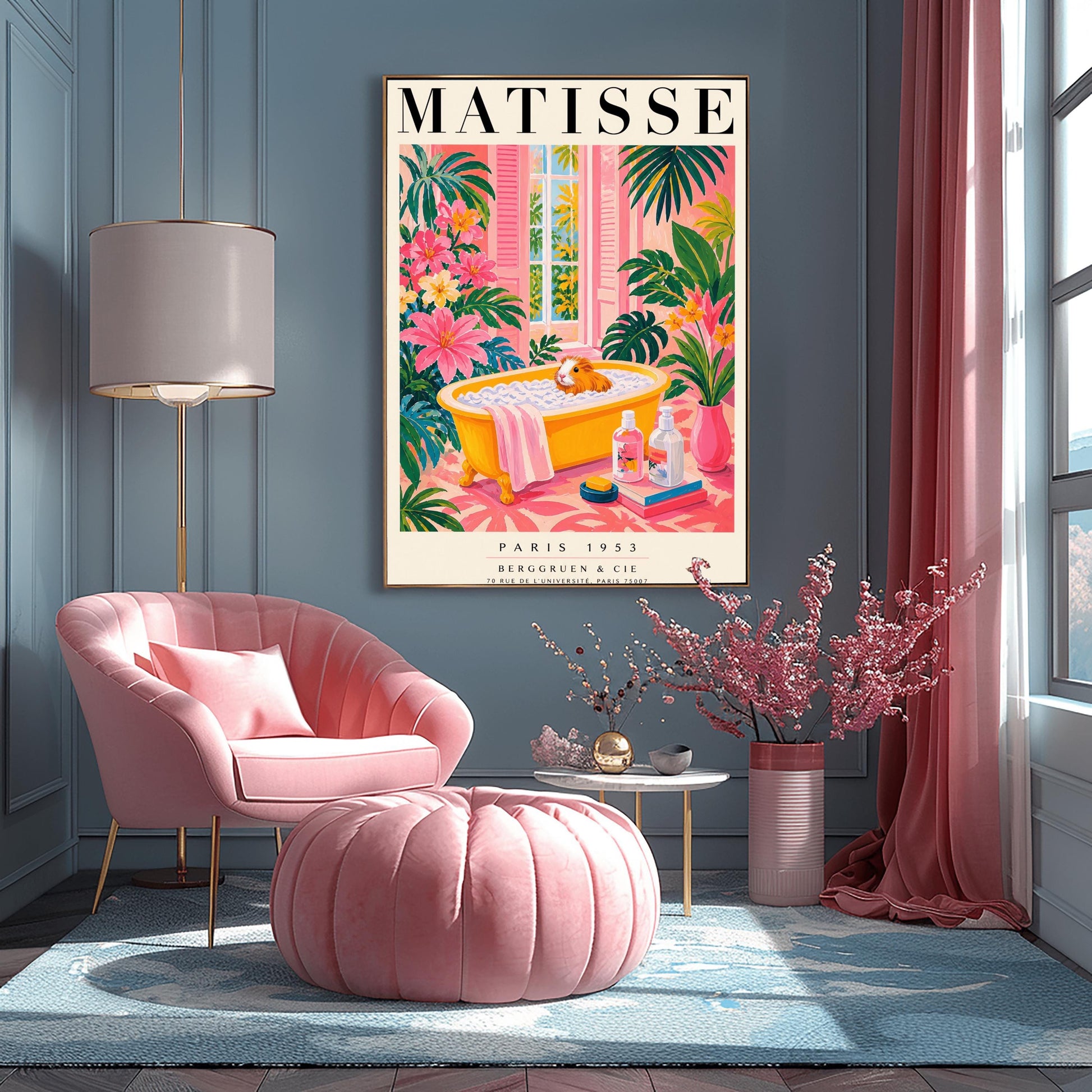 A vertical maximalist art print styled as a Henri Matisse exhibition poster. A small orange and white guinea pig sits in a bright yellow clawfoot bathtub filled with white bubbles. The bathroom is vibrant with pink walls and a pink patterned floor. Lush green monstera plants and pink flowers frame the scene. In the foreground, soap bottles sit on a stack of books next to a pink vase. An open window with pink shutters shows tropical trees in the background.