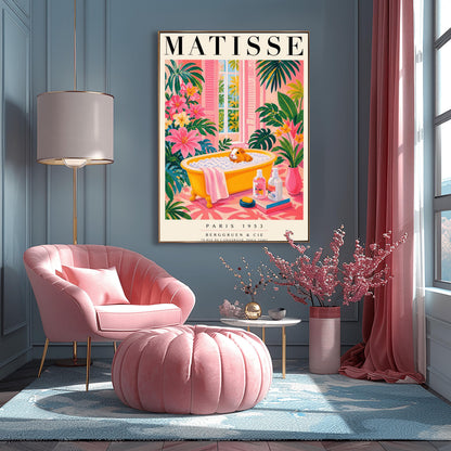 A vertical maximalist art print styled as a Henri Matisse exhibition poster. A small orange and white guinea pig sits in a bright yellow clawfoot bathtub filled with white bubbles. The bathroom is vibrant with pink walls and a pink patterned floor. Lush green monstera plants and pink flowers frame the scene. In the foreground, soap bottles sit on a stack of books next to a pink vase. An open window with pink shutters shows tropical trees in the background.