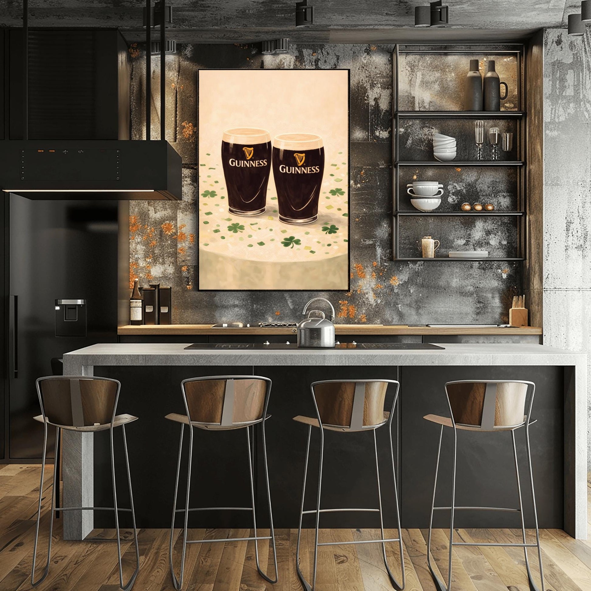 A vertical illustration of two pints of Guinness stout sitting side-by-side on a light cream surface. Green shamrocks and confetti are scattered around the base of the glasses. The pints feature the golden harp logo. The overall style is painterly and warm.