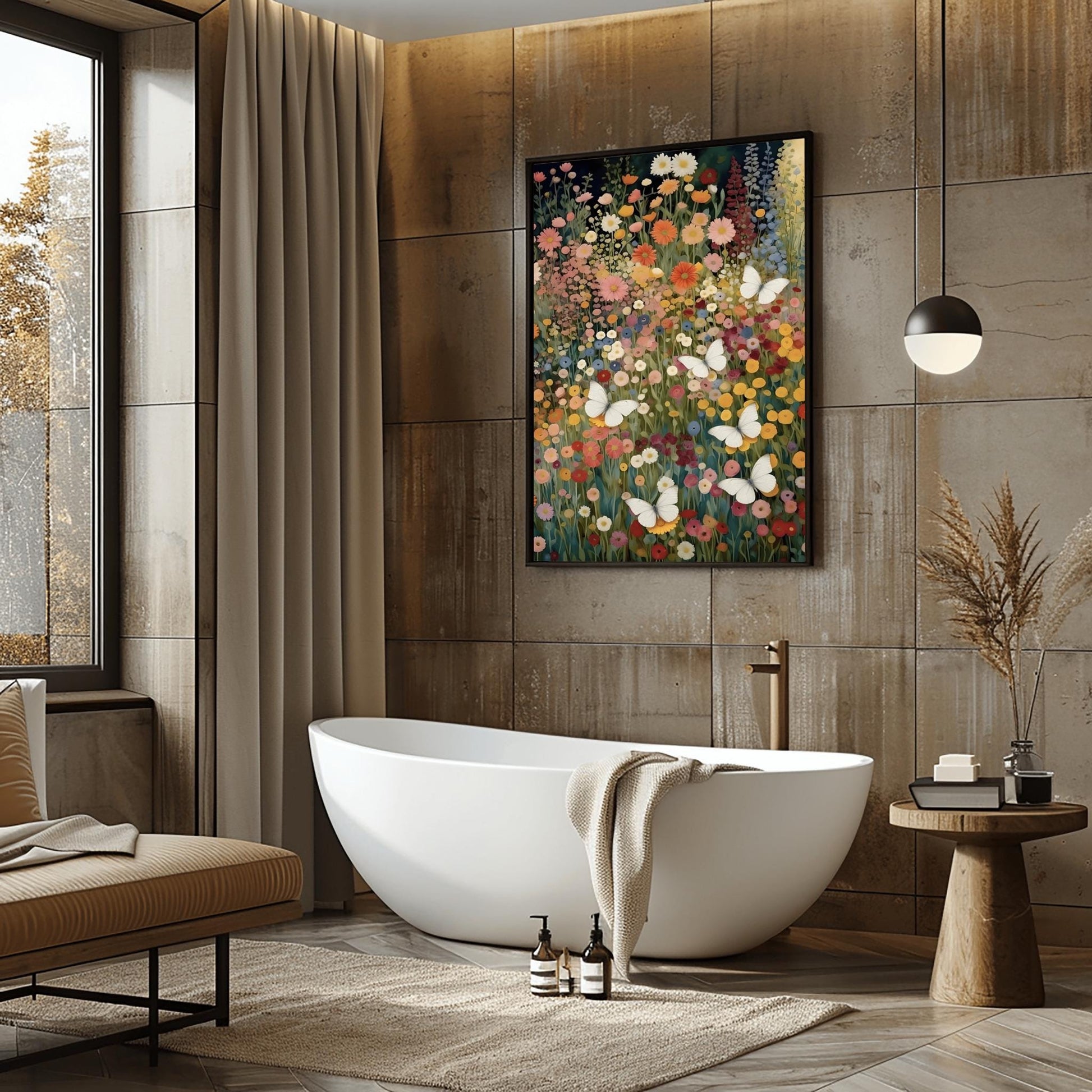 A vertical fine art painting in the style of Gustav Klimt. A dense field of colorful wildflowers in shades of orange, pink, yellow, and red fills the frame. Several large, delicate white butterflies are scattered throughout the meadow, appearing to fly toward a soft golden light in the upper right corner. The style is highly textured with decorative mosaic patterns.