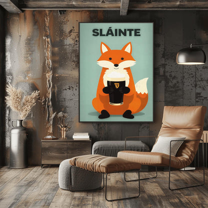A vertical modern illustration of a cute orange fox sitting and holding a pint of Guinness with both paws. The word "SLÁINTE" is written in bold gray letters at the top. The background is a soft, textured mint green.