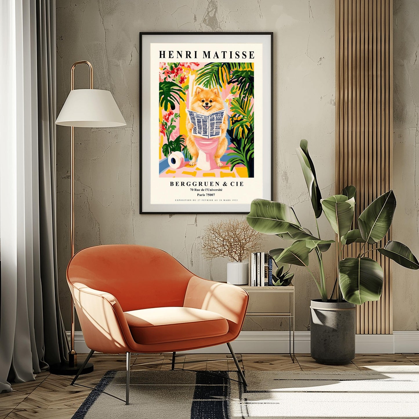 A vertical fine art exhibition poster in the style of Henri Matisse featuring a wide cream border. Bold black text reads "HENRI MATISSE" at the top and "BERGGRUEN & CIE" at the bottom. The central painting humorously depicts a fluffy orange Pomeranian dog smiling while sitting on a pink toilet reading a newspaper, surrounded by lush green palm leaves, tropical flowers, and a toilet paper roll on the floor.