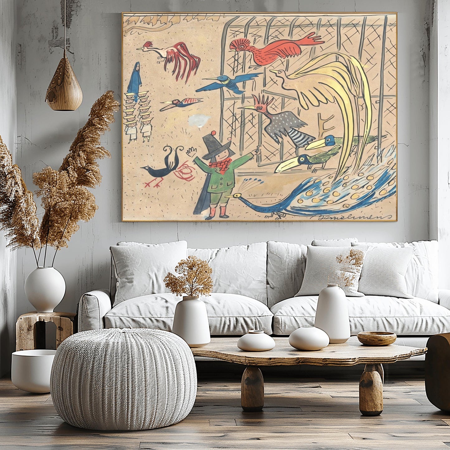 A horizontal whimsical illustration in a sketchy watercolor style. In the center, a large bird cage with diamond-patterned wire houses several exotic birds, including a large yellow bird with a long tail and a speckled grey bird. In the foreground, a blue peacock with spread feathers stands near a girl in a green coat and black hat. Other vibrant birds in red and blue fly throughout the scene. In the background, a nun leads a group of young girls in white coats.