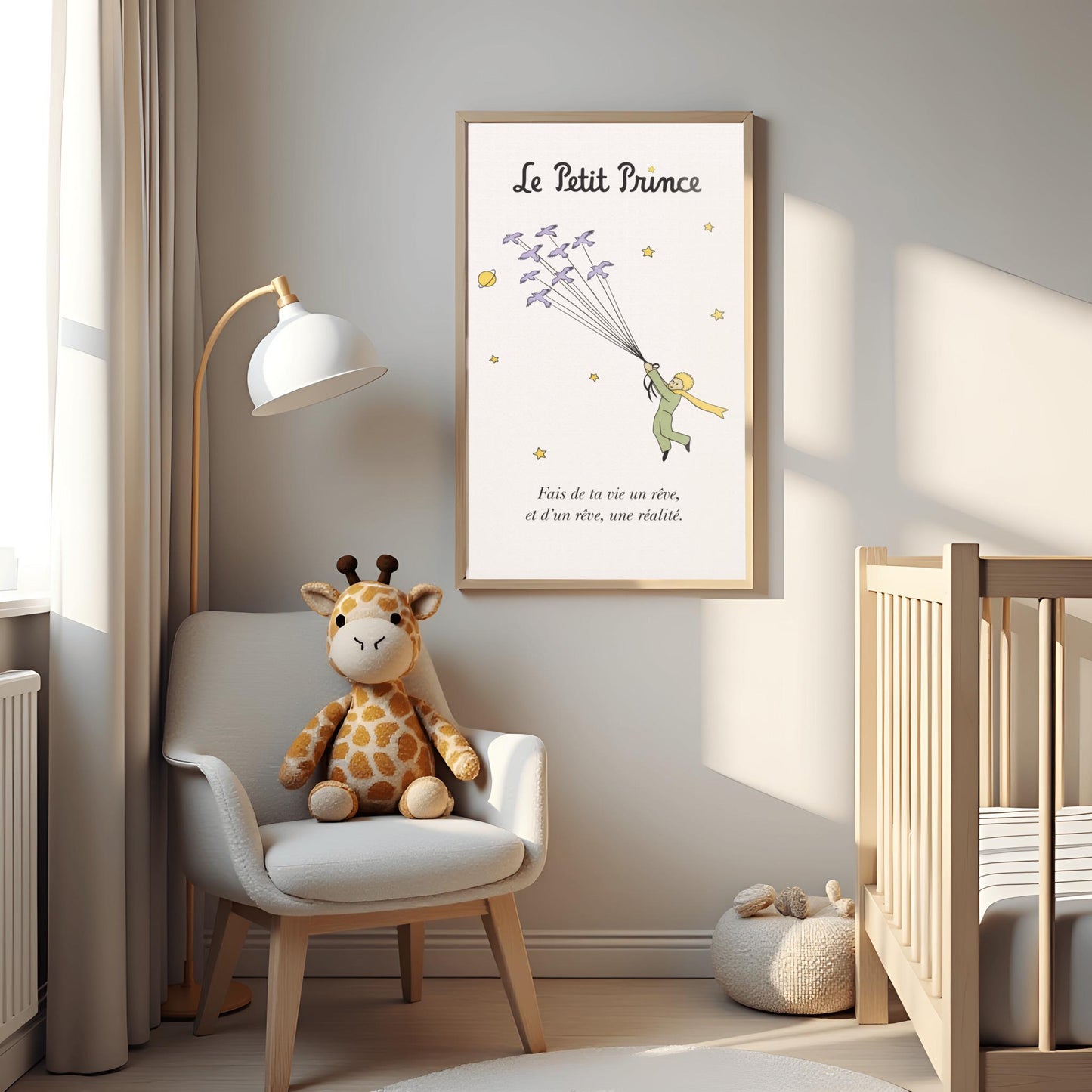 A vertical watercolor illustration poster titled "Le Petit Prince" in black script. A small boy with golden hair and a green suit is flying through a white sky, held up by a dozen purple birds on long strings. Yellow stars and a small yellow planet are scattered around him. At the bottom, a French quote about making life a dream is written in black text.