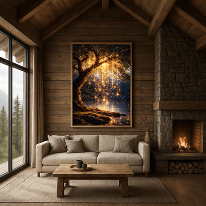A vertical full-bleed illustration of a weeping willow tree at night in the style of Gustav Klimt. The branches hang down like strings of golden lights over a dark lake. The water reflects the golden glow, and the tree stands on a mossy bank against a dark forest background.