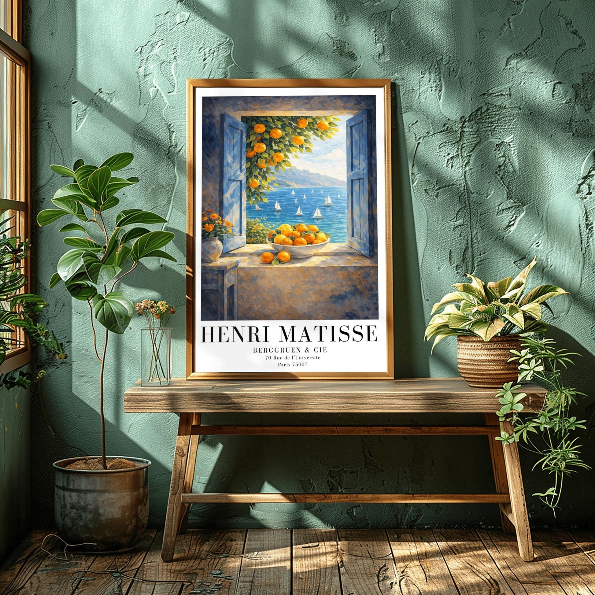 A vertical painterly illustration of an open window with blue shutters looking out at a sea with many sailboats. On the windowsill sits a large bowl overflowing with oranges. A branch with oranges hangs from the top, and a vase of yellow flowers is on a table to the left.