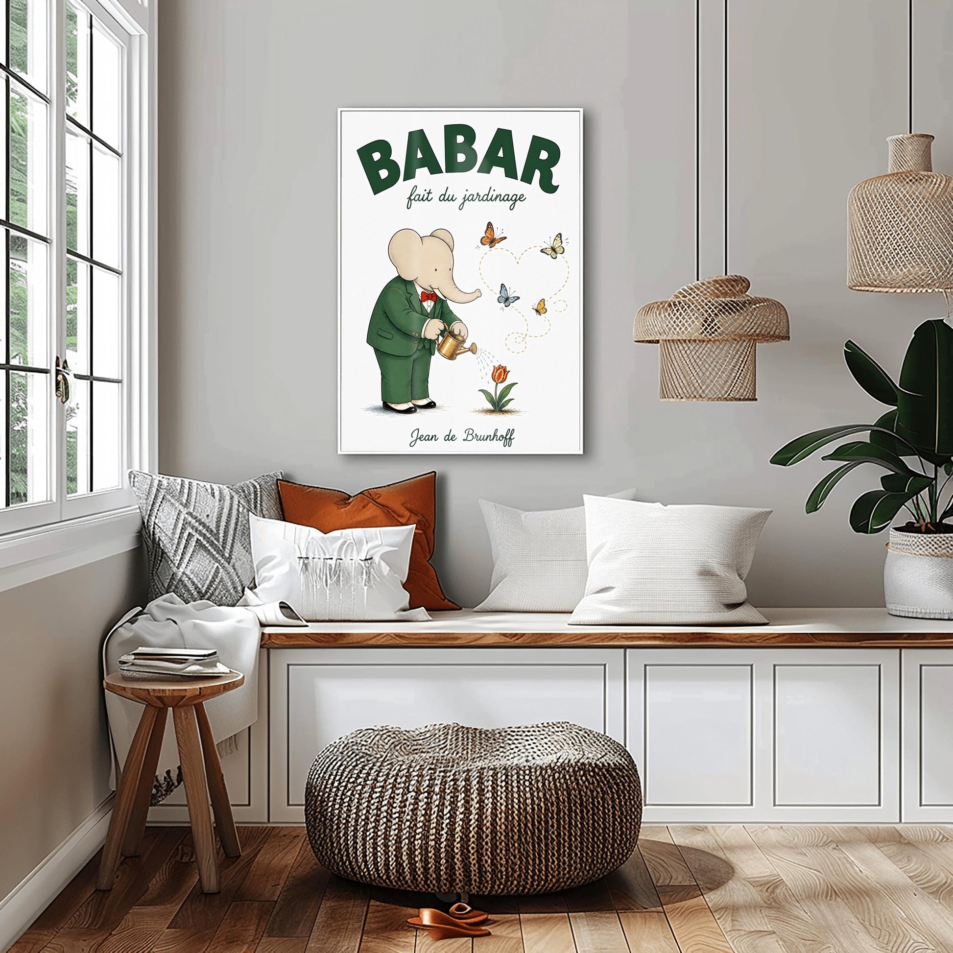 A vertical fine art exhibition poster featuring a classic illustration of Babar the Elephant by Jean de Brunhoff. Set within a wide white border on a textured off-white background, the elephant is shown in a green suit and red bowtie watering a red tulip with a gold can. Four butterflies fly nearby, leaving a dotted line that forms a heart shape. Bold green text at the top reads "BABAR fait du jardinage".