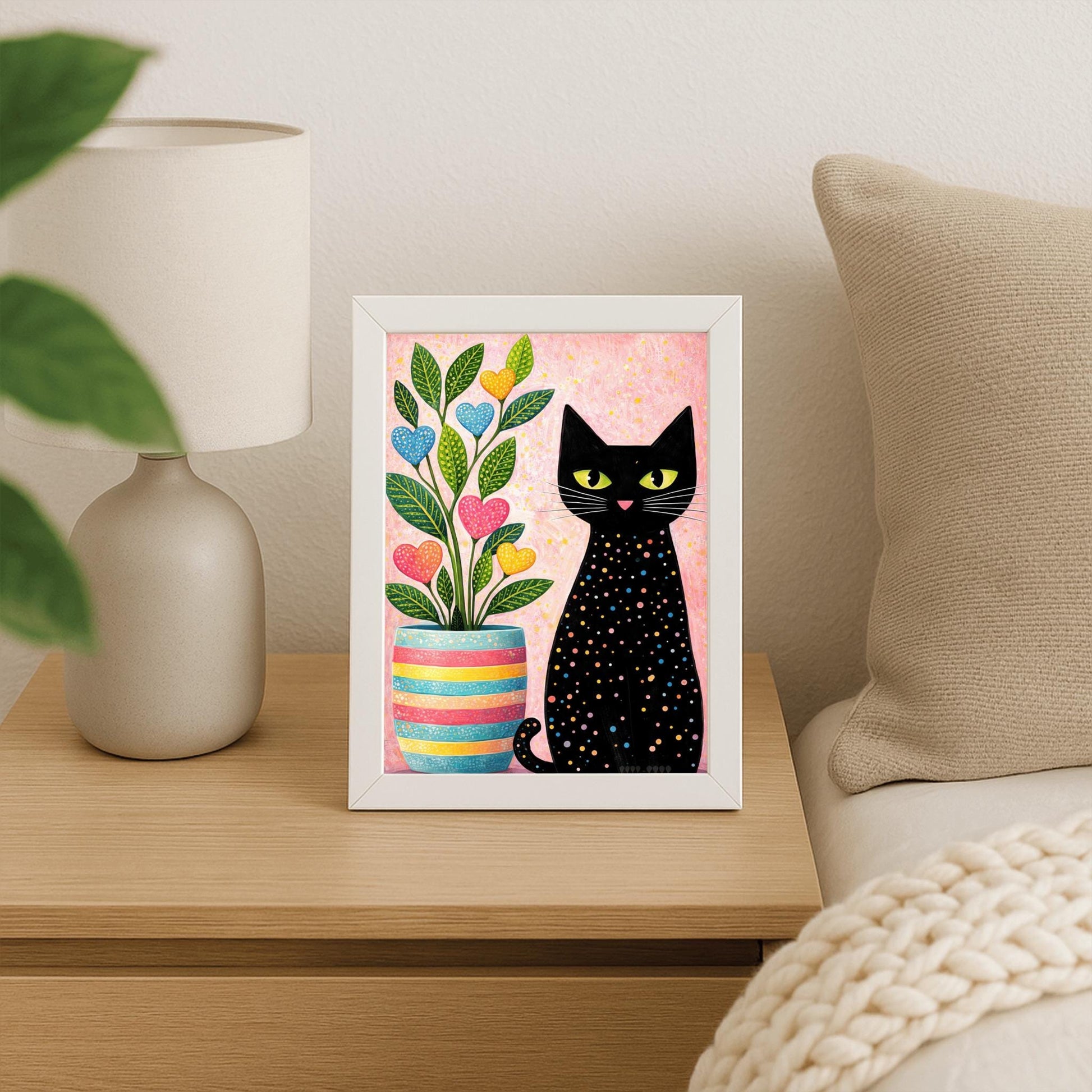 A vertical folk-art style illustration of a black cat sitting next to a colorful potted plant. The black cat is covered in small, multi-colored polka dots and has bright green eyes. The plant to its left is in a striped pink, yellow, and blue pot and features green leaves with heart-shaped "flowers" in pink, blue, and yellow. The background is a textured light pink with yellow paint splatters.