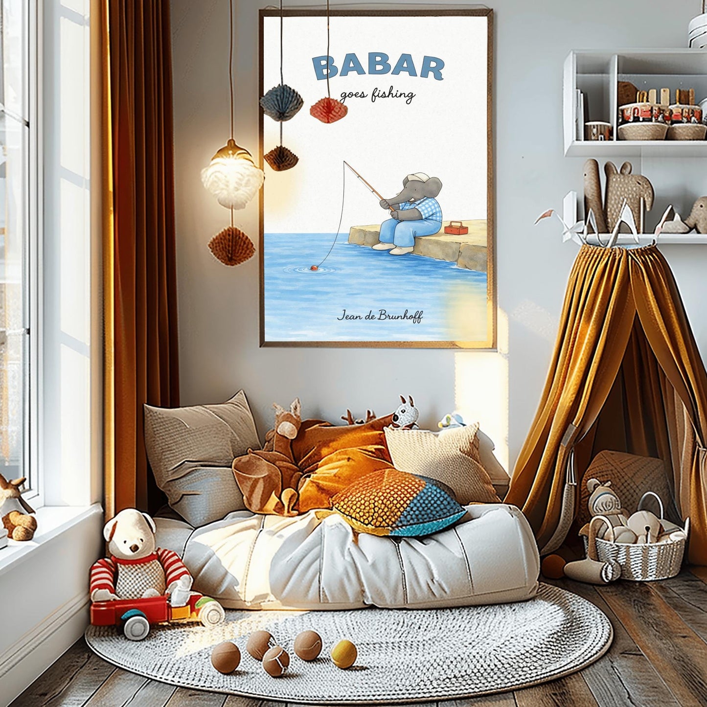 A vertical art print titled "BABAR goes fishing" in large blue letters. A grey elephant sits on a tan rocky pier overlooking blue water. He is wearing a blue and white checkered shirt, light blue overalls, and a white cap. He holds a thin fishing rod, and his line is in the water with a small red bobber. A red tackle box sits on the dock behind him. The name "Jean de Brunhoff" is at the bottom.