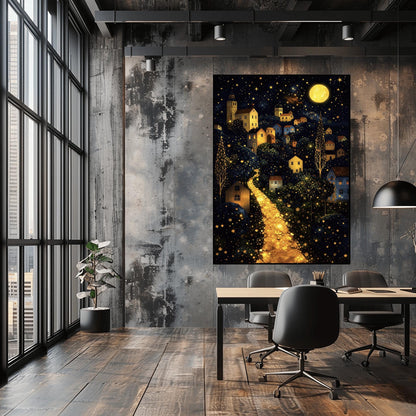 A vertical fine art landscape in the style of Gustav Klimt. A brilliant, glowing golden path winds up a dark hillside toward a village with lit windows. The deep blue night sky is filled with many stars and a large, textured golden moon. The trees are decorated with small, shimmering golden dots.