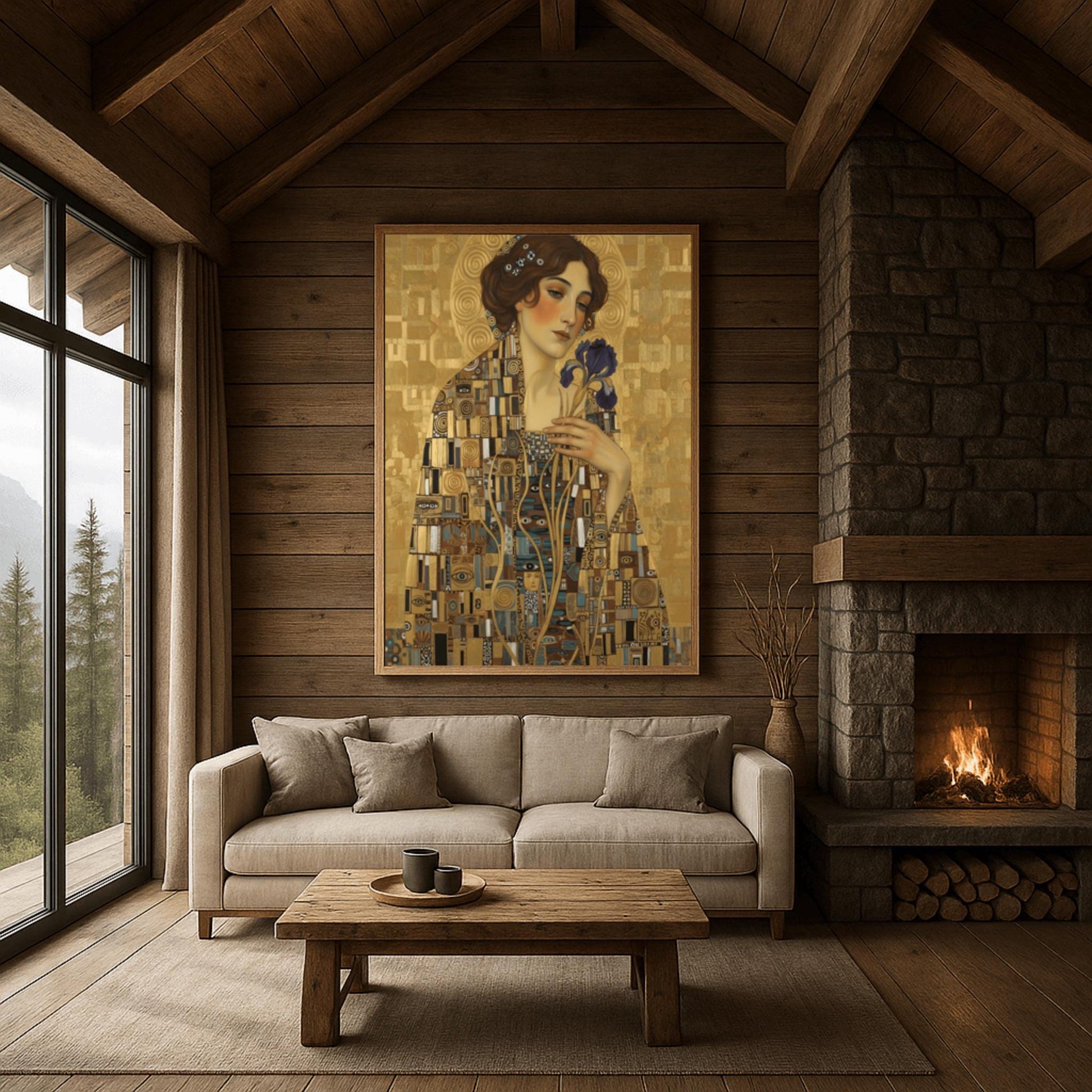 A vertical fine art portrait in the style of Gustav Klimt. A woman with auburn hair and a serene expression holds a deep purple iris. She wears an intricate robe made of gold and blue mosaic patterns with "eye" motifs. She is set against a textured gold leaf background with a large golden halo behind her head.