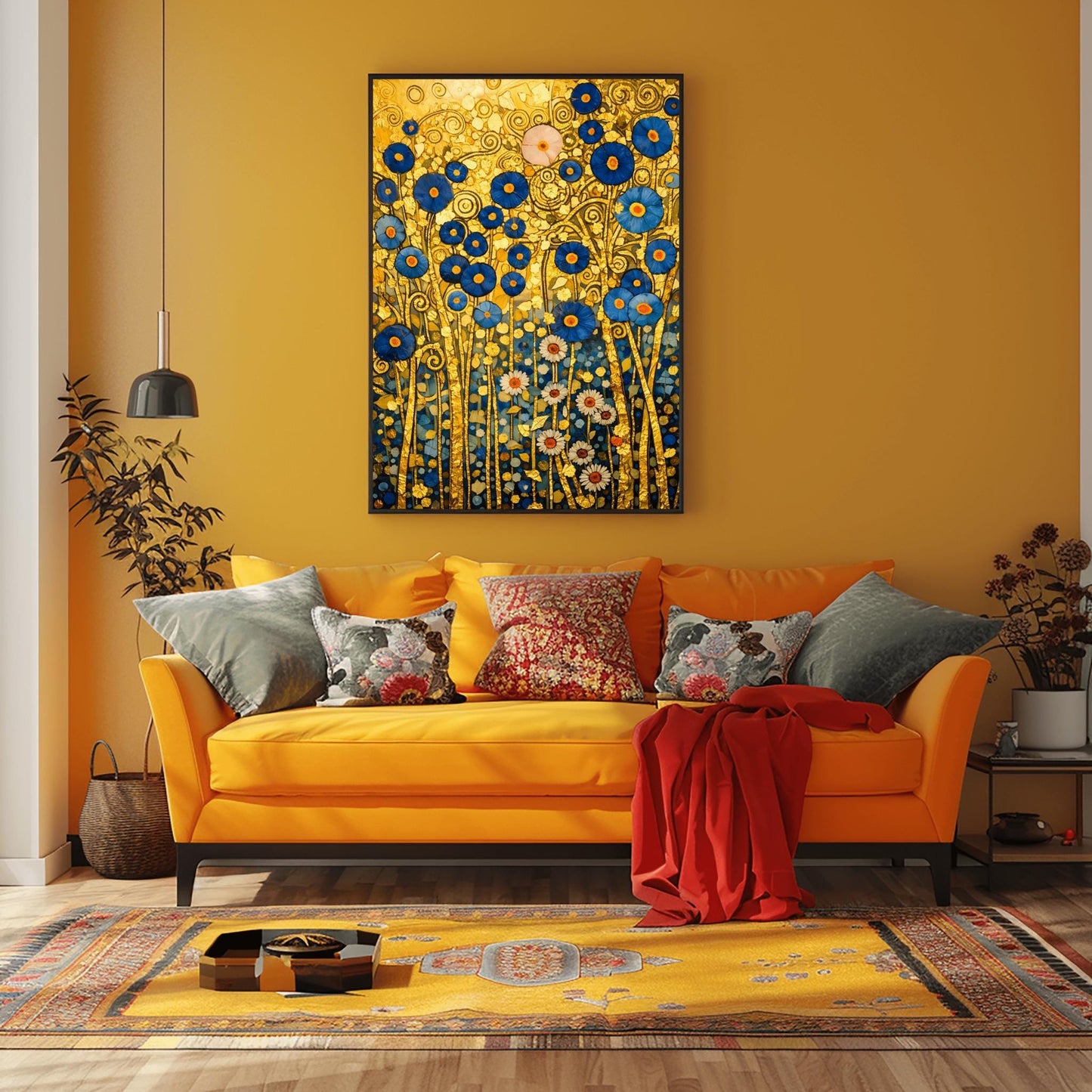 A vertical fine art landscape in the style of Gustav Klimt. A dense cluster of deep blue flowers with gold centers and white daisies grows against a textured gold leaf background filled with spirals and geometric patterns. The stems are slender and golden, creating a rich, mosaic-like botanical tapestry.