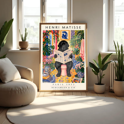 A vertical vintage-style art exhibition poster titled "HENRI MATISSE" at the top and "PARIS 1953 BERGGRUEN & CIE" at the bottom. The main image shows a large, fluffy black Newfoundland dog sitting on a pink toilet in a highly decorated bathroom, reading a newspaper. The room is filled with yellow pattern tiles, blue-and-white wallpaper, a blue Matisse cutout art frame on the wall, multiple large green houseplants, and vases filled with colorful pink flowers.