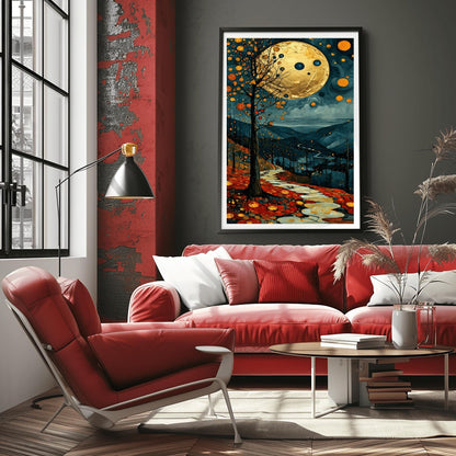 A vertical fine art painting in the style of Gustav Klimt. A massive, textured golden moon hangs in a dark, starlit sky above rolling teal mountains. A white, winding stone path leads through a foreground of orange and red autumn leaves. On the left, a slender tree is decorated with golden mosaic orbs. The overall style is rich in texture and golden ornamentation.
