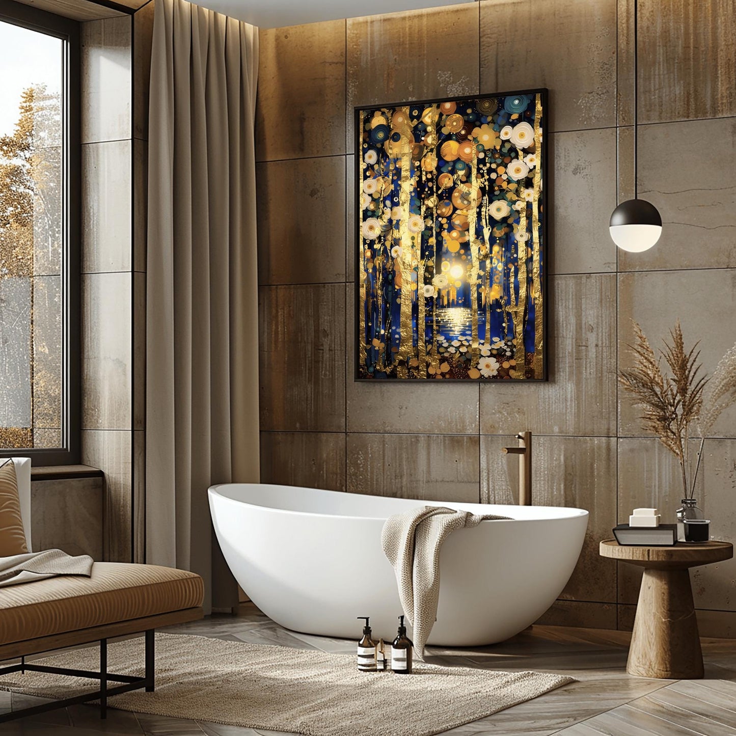 A vertical fine art print in the style of Gustav Klimt. Slender, textured gold leaf tree trunks stand against a dark midnight blue background. The sky and ground are filled with glowing white and gold circular flower patterns. In the center, a distant moon reflects in a small pool of water.