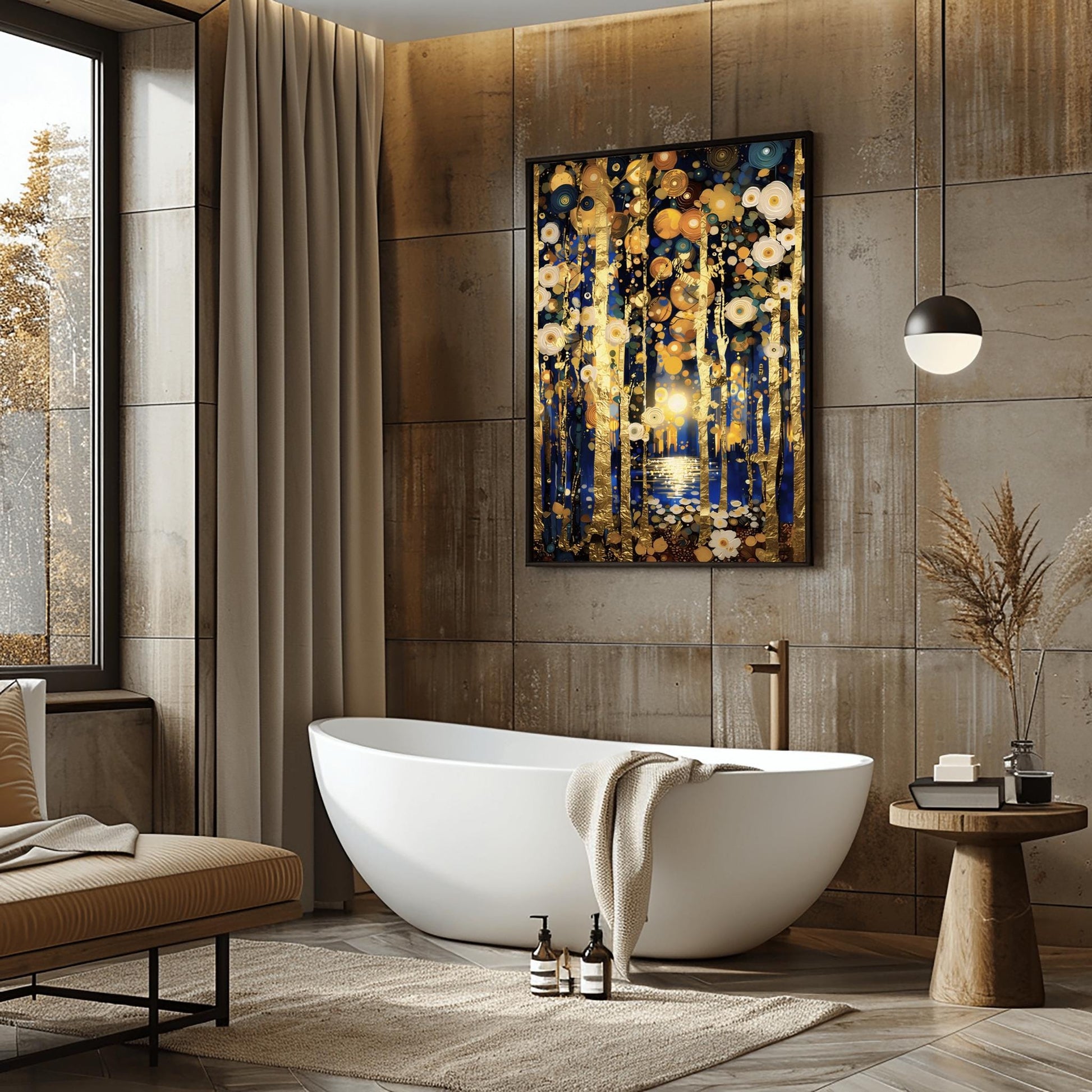 A vertical fine art print in the style of Gustav Klimt. Slender, textured gold leaf tree trunks stand against a dark midnight blue background. The sky and ground are filled with glowing white and gold circular flower patterns. In the center, a distant moon reflects in a small pool of water.