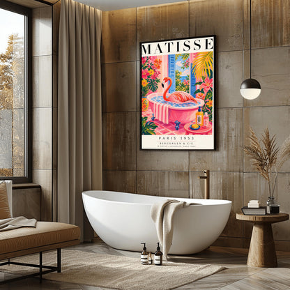 A vertical maximalist art print styled as a Henri Matisse exhibition poster. A vibrant pink flamingo with its long neck curved sits elegantly in a pink clawfoot bathtub. The bathroom features pink tiled floors and walls, with open blue shutters in the background looking out to the sea. The room is filled with tropical greenery and bright pink and orange flowers. A small pink table in the foreground holds soap and cosmetic bottles.