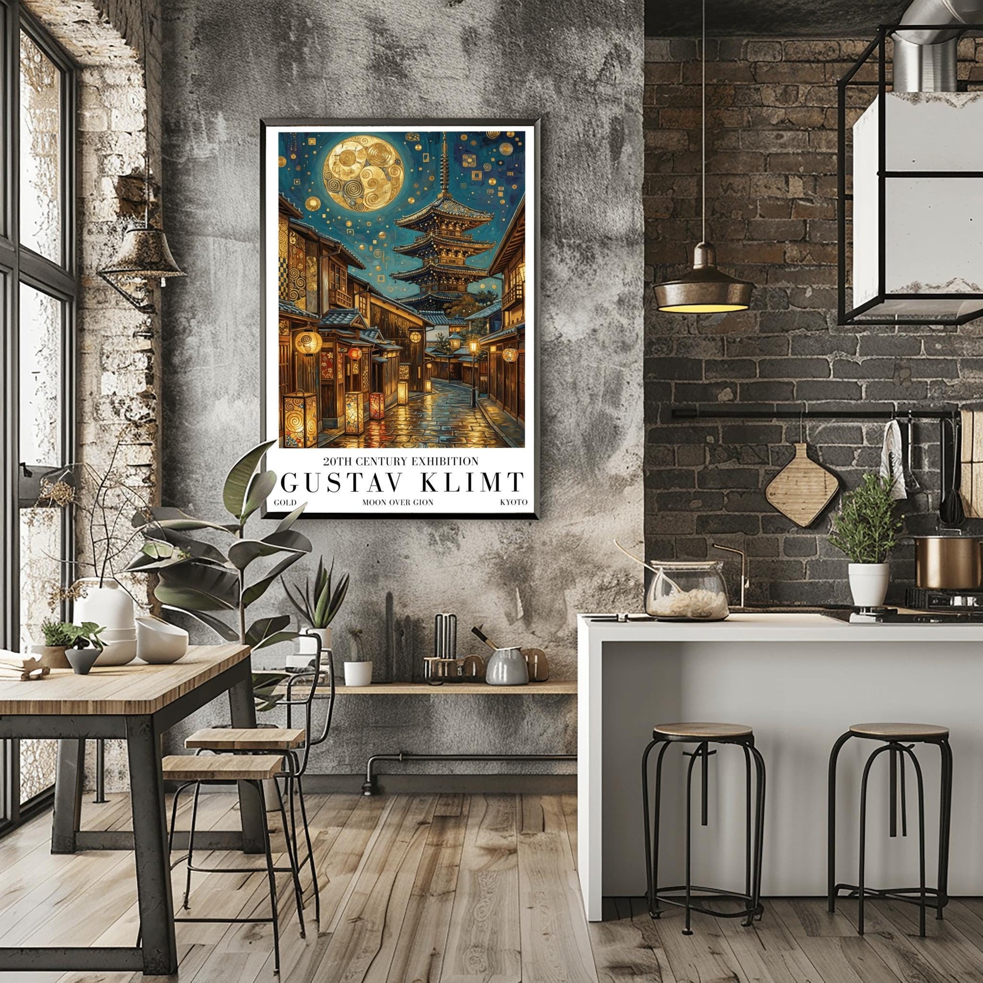 A vertical museum exhibition poster in the style of Gustav Klimt. A historic Japanese street in Gion, Kyoto, features a five-story pagoda and glowing lanterns at night. A massive golden moon with mosaic patterns fills the top of the sky. Bold black text at the bottom reads "GUSTAV KLIMT" and "MOON OVER GION."