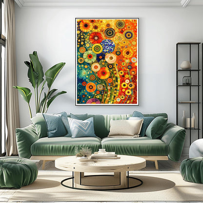 A vertical fine art print in the style of Gustav Klimt. A dense, abstract field of stylized flowers made of colorful mosaic circles and geometric patterns. The left side is a deep teal blue, while the right side is a warm, glowing orange. Shimmering gold flecks and tiled stems wind through the composition.