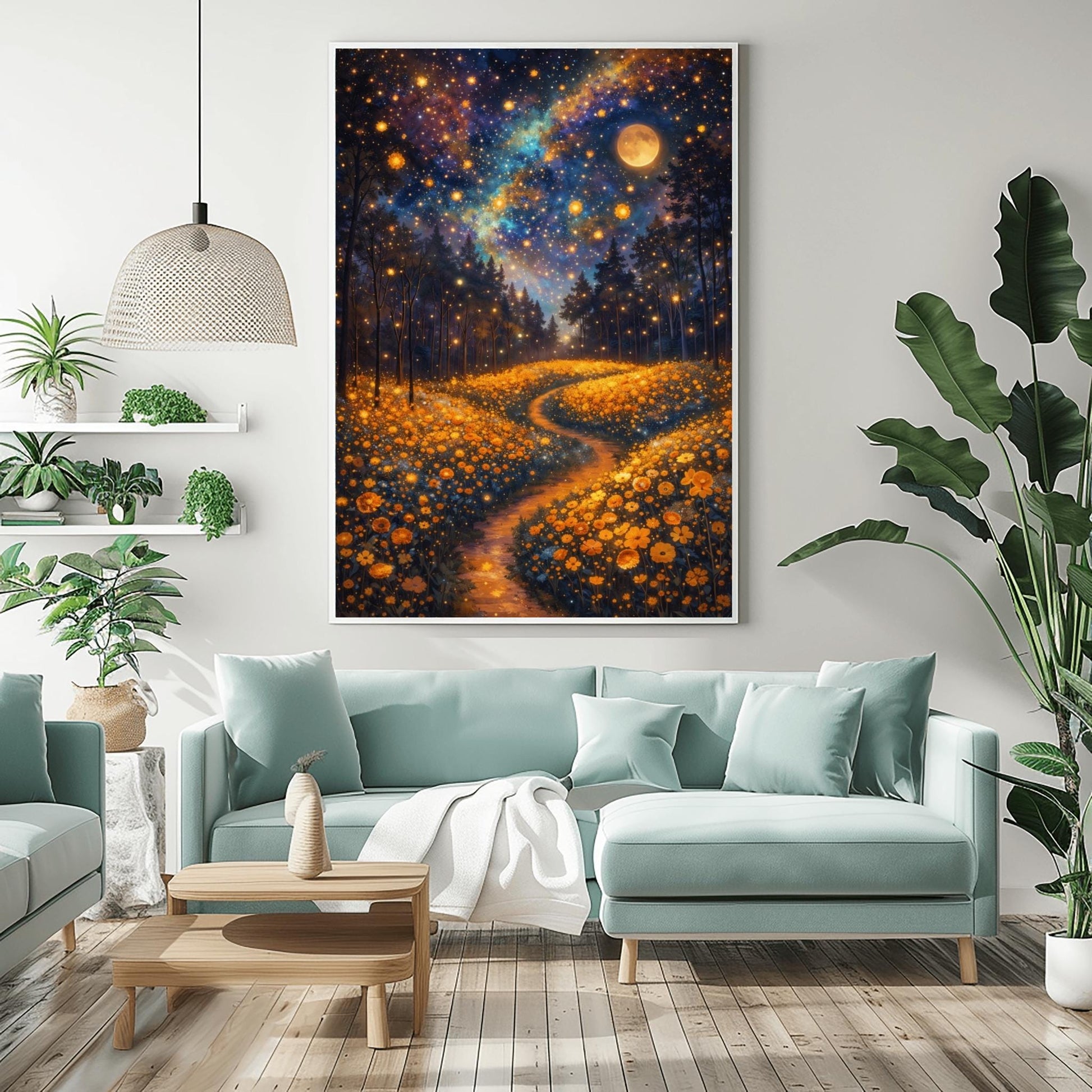 A vertical fine art print in the style of Gustav Klimt. A glowing path winds through a dense field of amber-colored wildflowers. Dark silhouettes of trees stand in the middle ground. The night sky is a deep indigo nebula filled with golden stars and a large, glowing full moon.