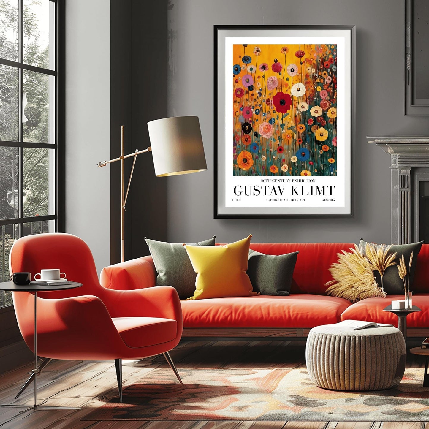 A vertical museum exhibition poster featuring a colorful wildflower meadow in the style of Gustav Klimt. Red, blue, and yellow flowers on thin stalks grow against an amber background. Below the image, bold black text reads "GUSTAV KLIMT" and "20TH CENTURY EXHIBITION" against a white border.