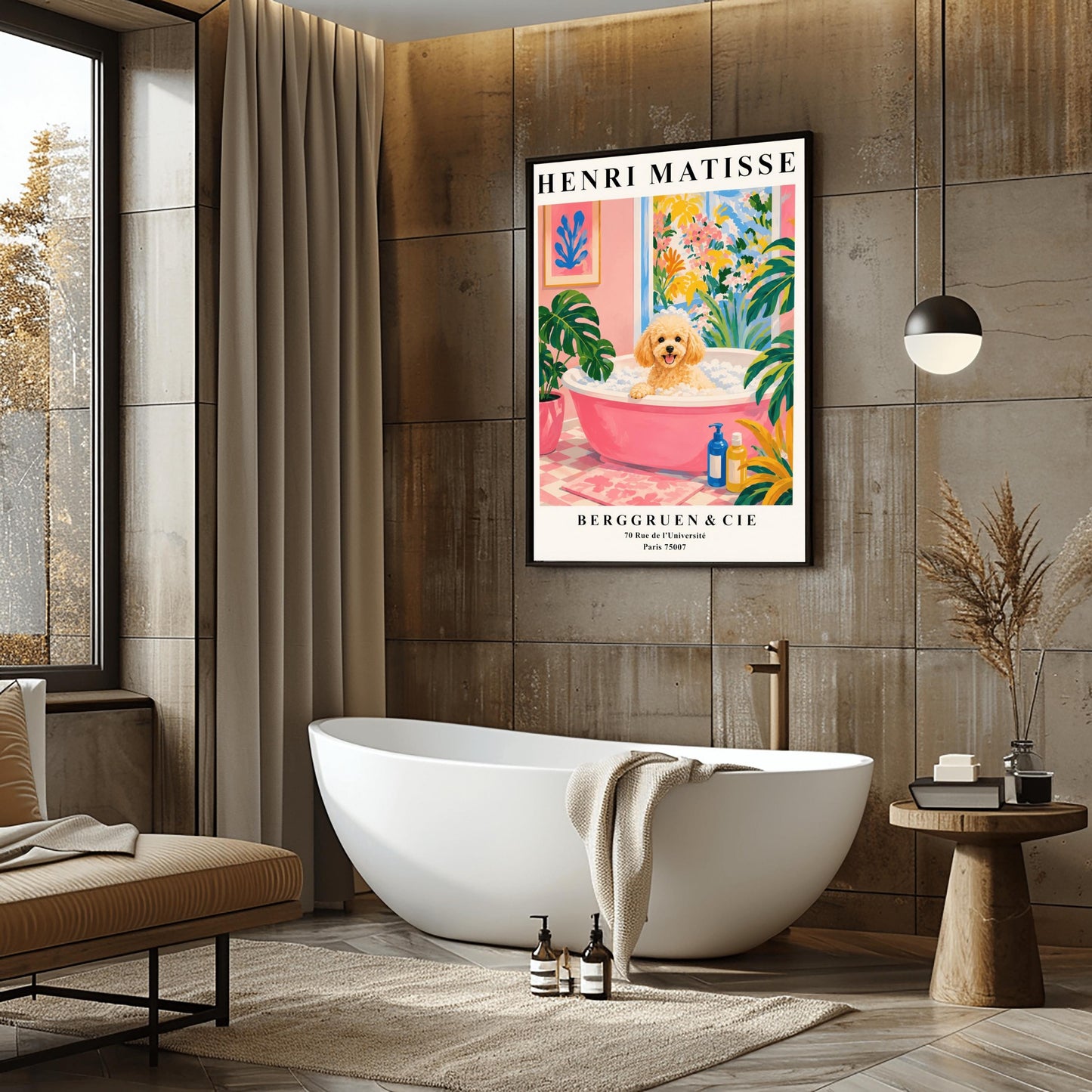 A vertical fine art exhibition poster in the style of Henri Matisse featuring a wide cream border. Bold black text reads "HENRI MATISSE" at the top and "BERGGRUEN & CIE" with a Parisian address at the bottom. The central painting shows an apricot toy poodle dog sitting in a pink bubble bath surrounded by a pink checkered floor, a monstera plant, and a large window overlooking colorful yellow and pink garden plants.