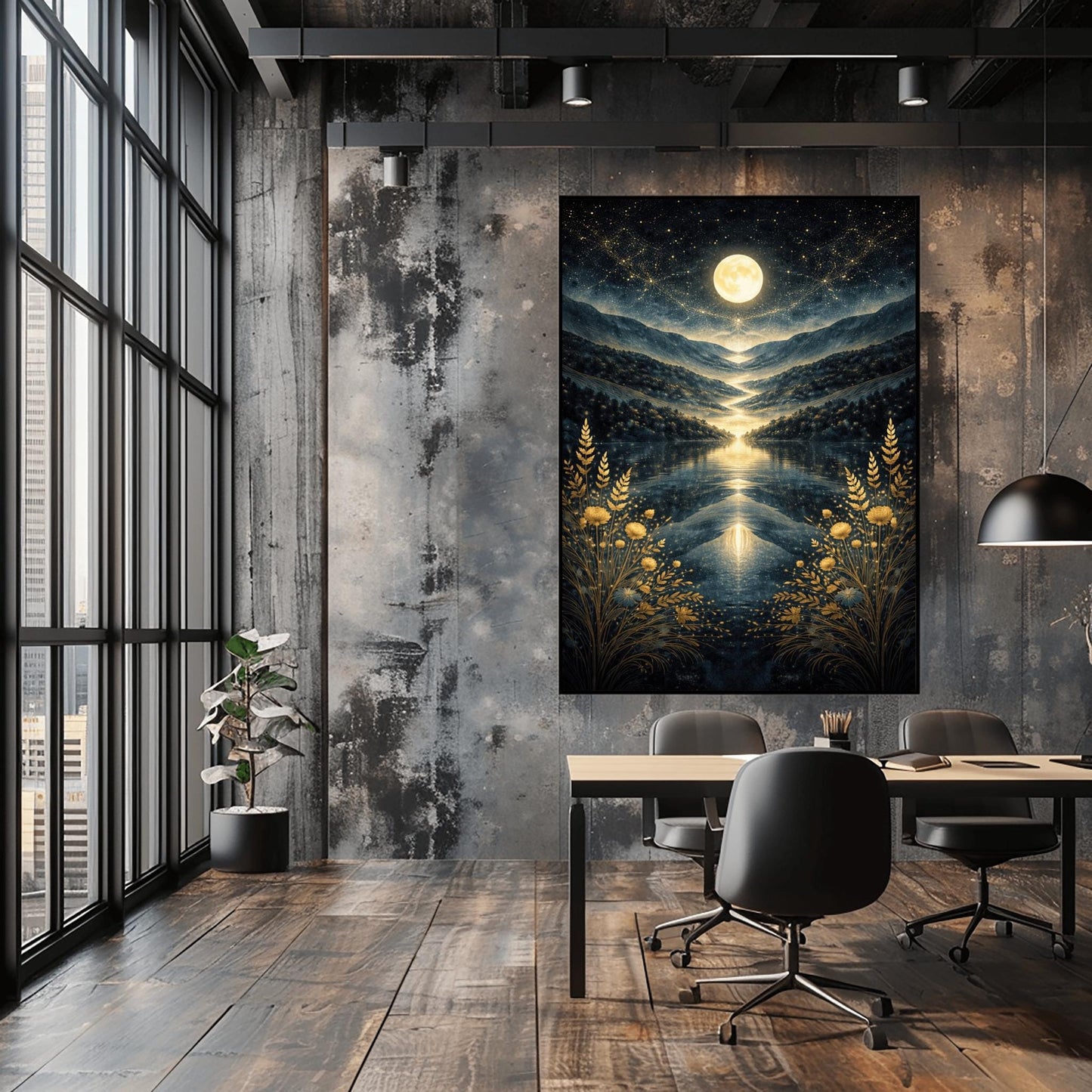 A vertical Art Nouveau illustration in the style of Gustav Klimt. A golden full moon and swirling stardust fill a dark blue sky above a symmetrical mountain valley. A river of light flows into a lake in the center, framed by golden wheat and flowers in the foreground.