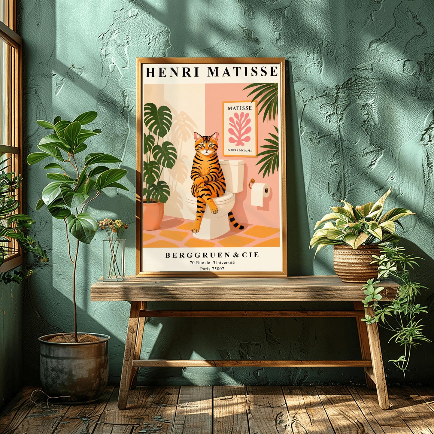 Tabby Cat on Toilet Art Print: Funny Matisse Style Bathroom Wall Art